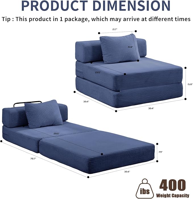 Folding Sofa Bed, Convertible Sleeper Chair with Pillow, Single Sofa with Back Support, Portable Fold Out Chair Cloud Couch Bed, Comfy Floor Sofa Lounge for Living Room Bedroom, Navy Blue