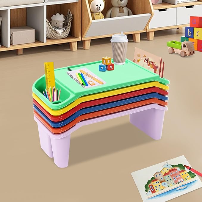 6 Pcs Kids Lap Desk Tray with Storage - Colorful Children's Side Pockets with Cup Holder, 20 Inch Portable Lap Tray for Writing, Eating, Reading & Play