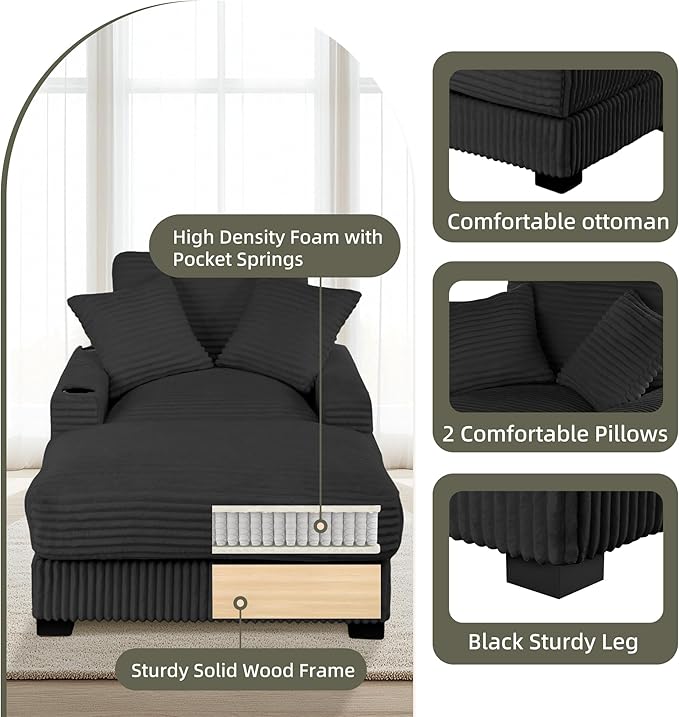 Oversized 60" Chaise Lounge Chair with Adjustable Backrest, Solid Wood Frame Corduroy Upholstery, Cup Holder USB & Type-C Port, 2 Pillows Sleeper Couch Deep Seat for Living Room, Bedroom, Black