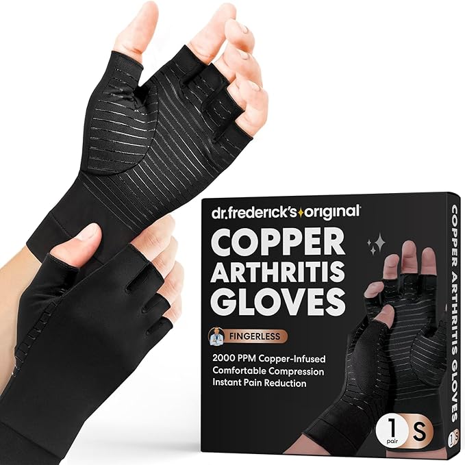 Dr. Frederick's Original Copper Compression Arthritis Gloves - Doctor-Developed Hand Pain Relief for Arthritis, Carpal Tunnel & Tendonitis - All-Day Comfort, Typing & Daily Use - Fingerless, Small