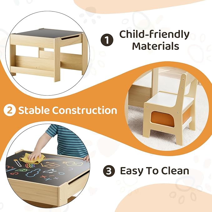 Arlopu Kids Table and Chairs Set, 4 in 1 Toddler Art Desk with Storage Drawer, Wooden Activity Deskboard, Blackboard, Reversible & Detachable Tabletop, Bookshelf for Drawing, Reading (Natural & White)