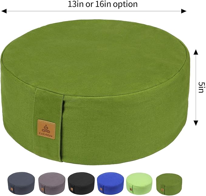 FelizMax Zafu Buckwheat Meditation Cushion,D=13"/16" H=5.5",Round Zabuton Meditation Pillow,Yoga Bolster Kneeling Pillow Premium Yoga Pillow for Sitting on Floor Zippered Cotton Cover