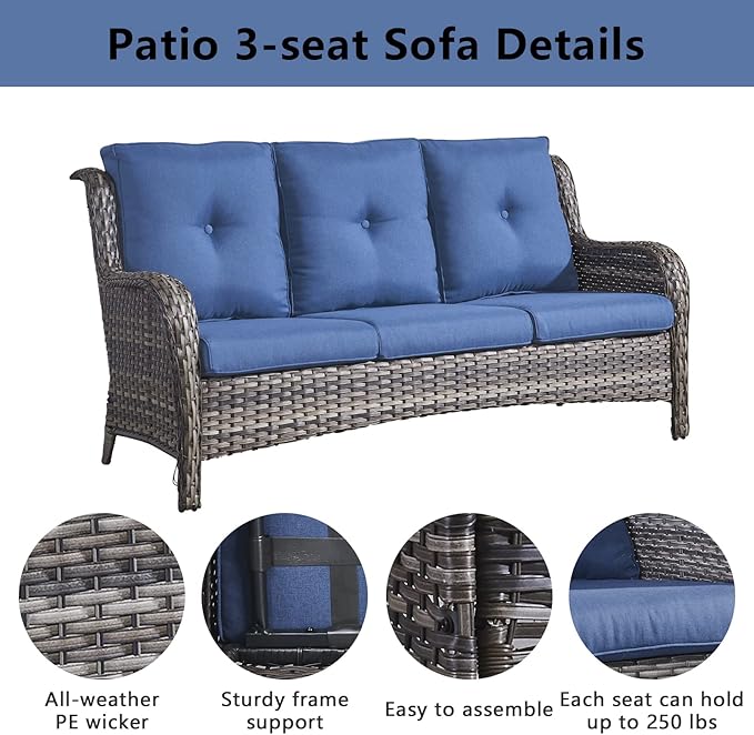 Belord 5 Piece Outdoor Patio Furniture Set - Wicker Furniture Patio Conversation Set, Outdoor Swivel Rocker Chairs with 3-Seater Sofa and 2 Ottomans for Small Space, Blue Cushion