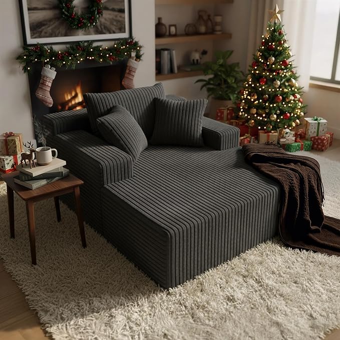 Sytopia Chaise Lounge with Armrests, Oversized Sofa Bed with 3 Pillows, Cozy Boneless Couch, Sleeper Reading Chair for Living Room Bedroom, Floor Sofa Corduroy, Furniture Sala, Volcanic Ash