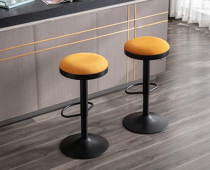 EALSON Modern Swivel Bar Stools Set of 4 Adjustable Counter Height Backless Barstools with Metal Base Fabric Upholstered Round Bar Stool Chairs for Kitchen Island/Pub/Breakfast Bar, Yellow
