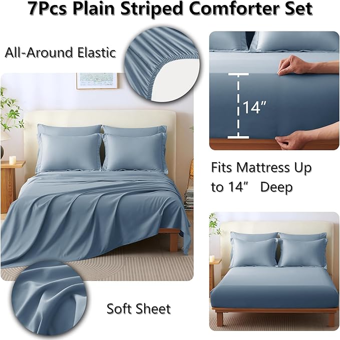 CozyLux King Comforter Set - 7 Pieces Bed in a Bag Grayish Blue Comforter Set with Sheets Luxury Bed Set All Seasons, Soft Bedding Set with Down Alternative Comforter, Sheets, Pillowcases & Shams