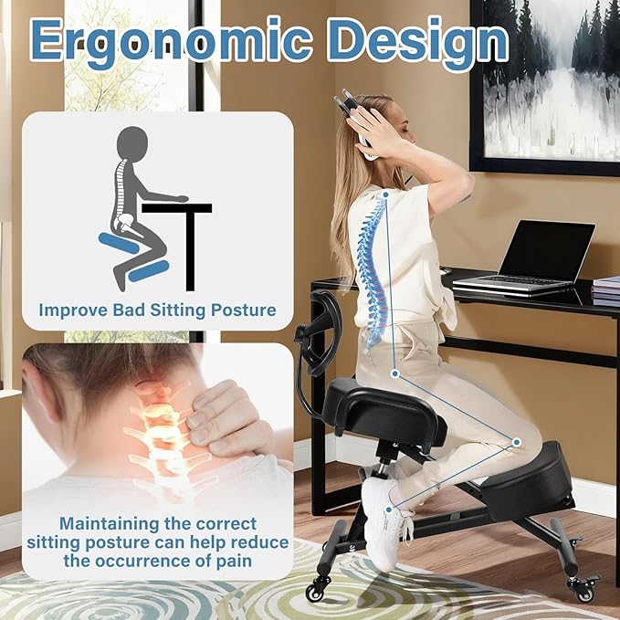 Ergonomic Kneeling Chair Height-Adjustable 32.2-36.2 in Postures Chairs with Lockable Wheels and Armrests Knee Chairs can Hold Up to 220 Lbs Kneeling Ergonomic Chair for Desk Home Meditation,Black