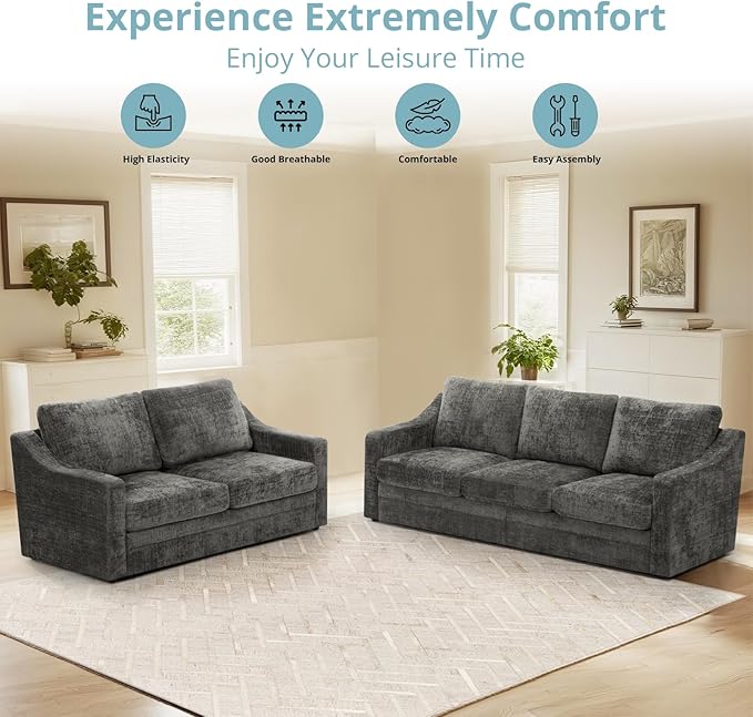 ACMEASE 67” Chenille 2-Seat Sofa w/Comfortable Back Cushions, Modern Love Seat w/Deep Seat Space, Upholstered 2 Seater Couch w/High Resiliency Foam for Living Room, Office Grey