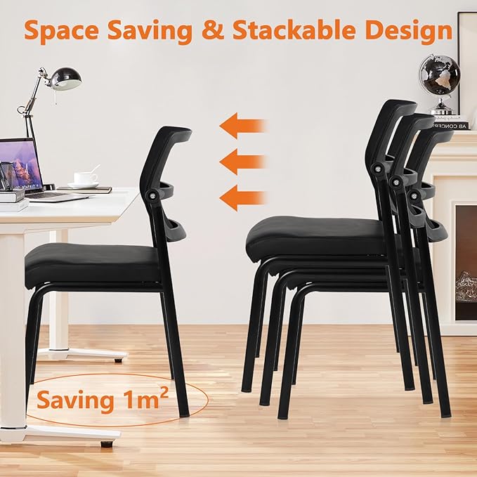 CLATINA 12PK Mesh Stacking Office Desk Chairs, Portable Stackable Bulk Waiting Room Armless Chair with Adjustable Back & Leather Seat for Guest Lobby Side School Church Conference Break, Black