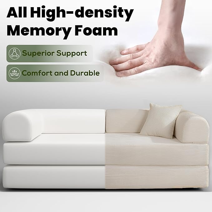 79" Convertible Sofa Bed, Boneless Corduroy Sleeper Foldable Modular Couch, Memory Foam Compressed Sofa in A Box, Folding Mattress Floor Couch for Small Space Living Room Apartment Bedroom, White