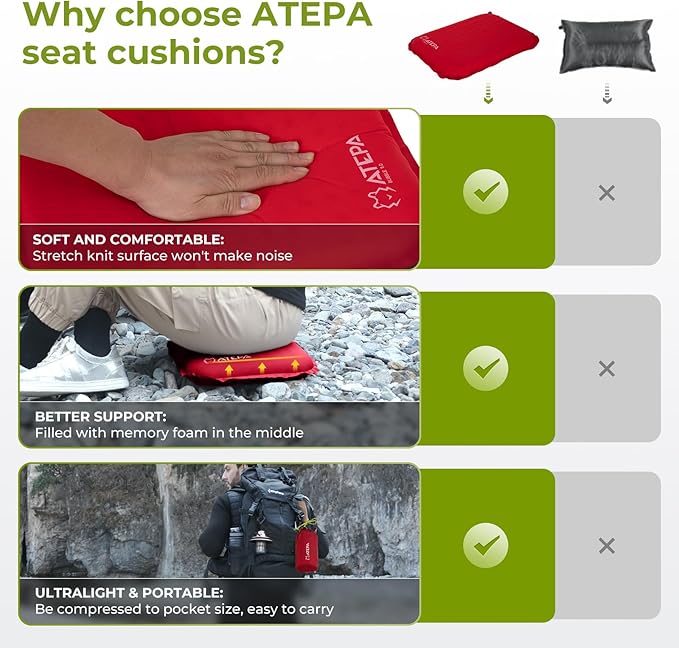 ATEPA Inflatable Seat Cushion, Self-Inflating Portable Stadium Airplane Travel Foam Cushion Pad for Camping, Sports Events, Outdoor