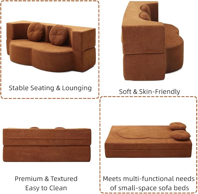 76" Convertible Folding Sofa Bed, 2-in-1 Twin Size Loveseat Sleeper Couch Bed with Two Pillows, Foldable Space-Saving | Design for Dorms Apartments Bedroom& Living Room,No Assemble(Orange)