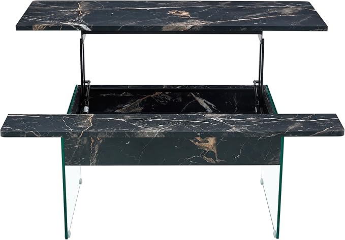 HanStrong 43.3" Lift-Top Coffee Table with Storage,Marble & Tempered Glass Space-Saving for Living Room,Office,Black