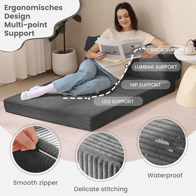 Folding Sofa Bed, Convertible Sleeper Chair with Pilow Foldable Matress, 2 in 1 Pull Out Loveseat Sofa Portable Fold Out Chair Bed Floor Couch Lounge for Living Room Bedroom (Grey, Queen)