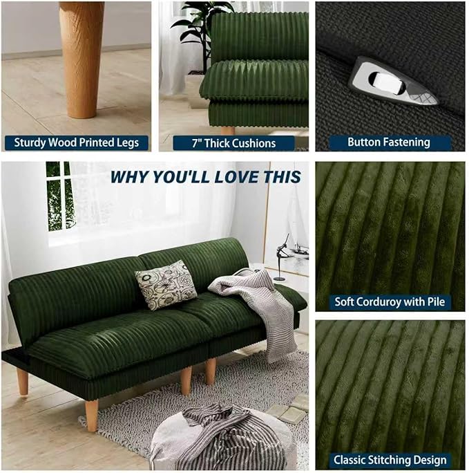 69" Futon Sofa Bed, 4 in 1 Multi-Function Couch Sleeper with Adjustable Backrest, Modern Convertible Futon, Recliner Small Loveseat for Living Room, Dorm, Plush Green