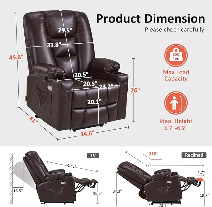 MCombo Large Power Lift Recliner Chair Sofa with Massage and Heat for Big and Tall Elderly People, 3 Positions, Cup Holders, and USB Ports, Faux Leather 7540 (Large, Dark Brown)