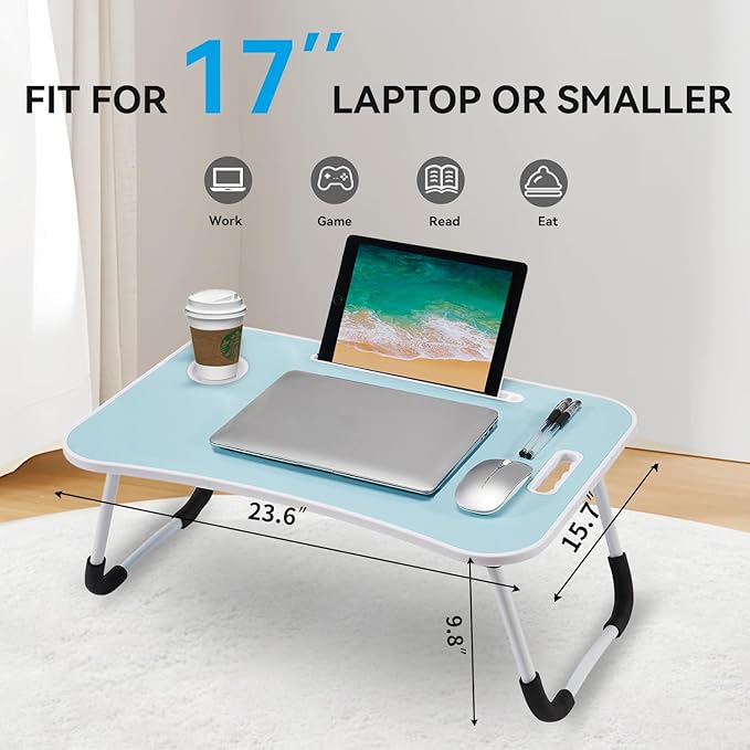BUYIFY Folding Lap Desk, 23 Inch Portable Wood Blue Laptop Bed Desk Lap Desk with Cup Holder, for Working Reading Writing, Eating, Watching Movies for Bed Sofa Couch Floor- new005 Blue