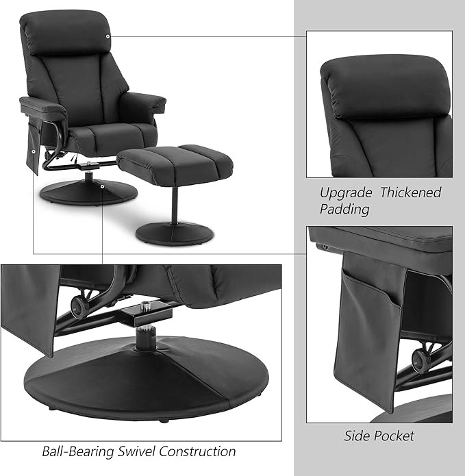 MCombo Swivel Recliner with Ottoman, TV Chair with Vibration Massage, Ideal for RV Small Space, Living Room & Bedroom 4539 4828 (Faux Leather, Black)