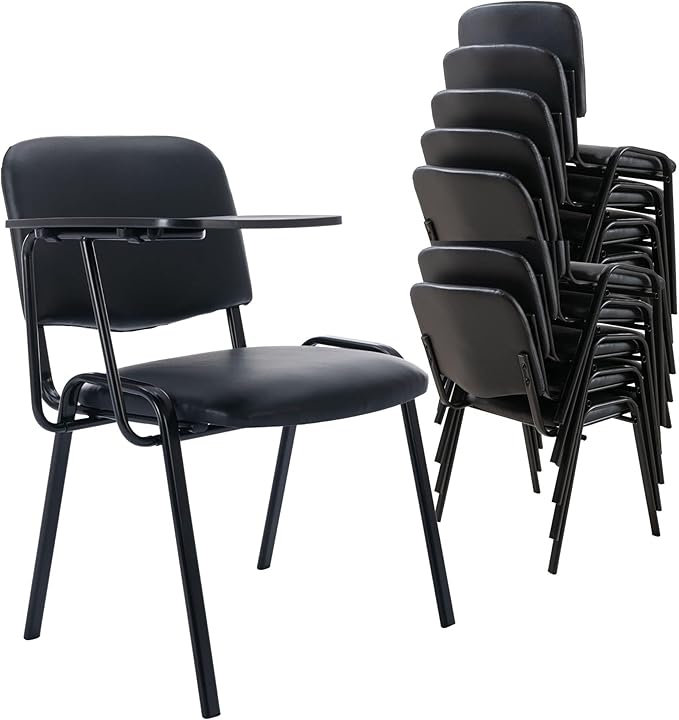 HNY Black Tablet Arm Chairs Set of 15, PU Comfort Office Waiting Room Guest Nesting Stacking Chairs, Reception Chair with Flip-Up Table Conference Chair for School Classroom Training Meeting Room