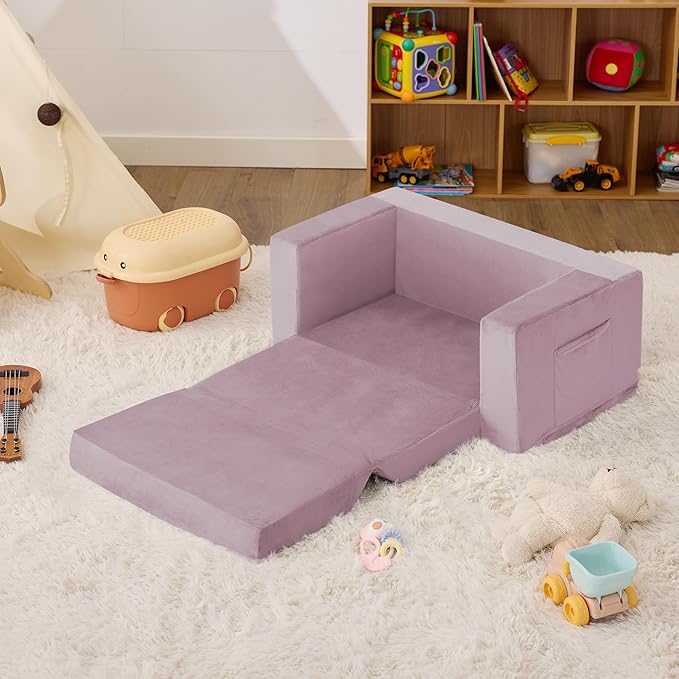 Kids Couch, 2-in-1 Toddler Chair Comfy 1-3 Years, Convertible Kids Chair, Toddler Couch That Fold Out, Kid Lounge Chairs for Boys and Girls, Soft Coral Fleece, Double, Purple