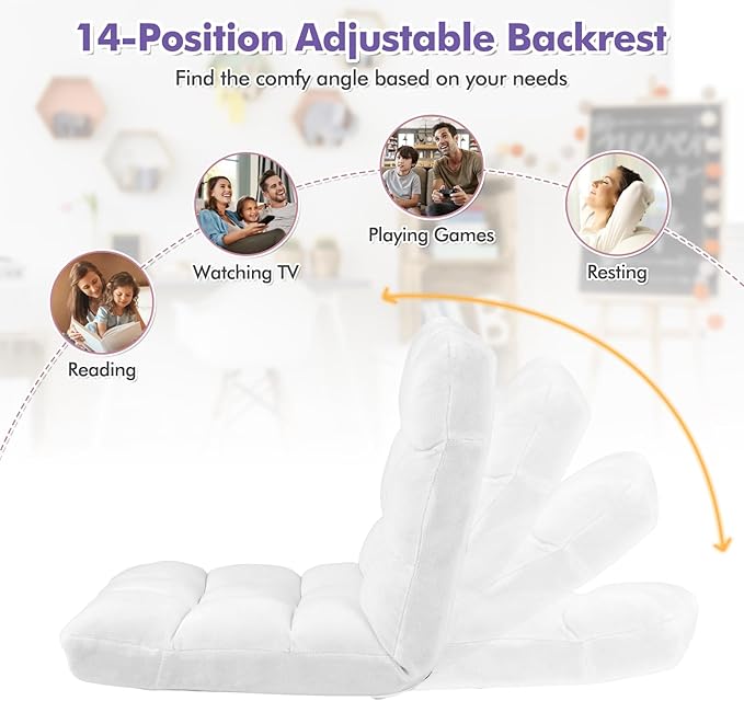 GOFLAME 14-Position Folding Floor Chair, Padded Gaming Lazy Sofa Chair with Adjustable Backrest, Couch Recliner, Sleeper Bed Lounge Chair for Reading, Gaming, Meditating (White)
