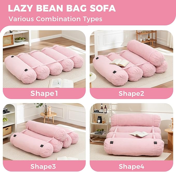 Ekskiei Bean Bag Sofa, Corduroy Sectional with Connecting Straps, Flexible Floor Seating, Soft Foam Filled Lounger, Non-Removable Cover, Reconfigurable Design,Living Room,Bedronm&Offices,Pink