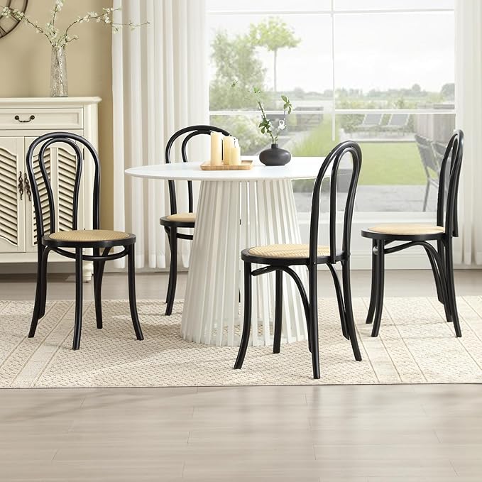 DM Furniture Solid Wood Dining Chairs Set of 6 Mid-Century Modern Rattan Dining Room Chairs with Backrest Bentwood Side/Desk Chairs for Dining/Living Room,Home No Assembly Required, Black Wood