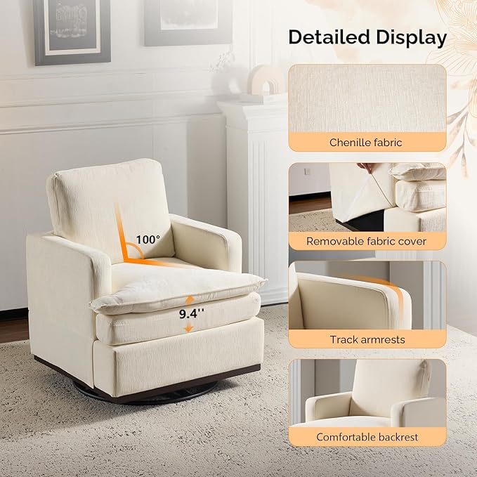 VINGLI Mid-Century Modern Single Swivel Armchair, 360° Swivel, Double-Layer Seat Cushions, Upholstered Square Club Chair for Living Room, Bedroom, Reading Room,Beige Chenille