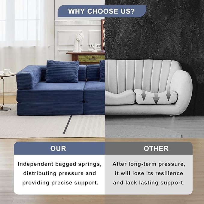 118" Oversized Convertible Floor Sofa Bed, Boneless Foldable Mattress Cloud Couch with Pillow Back & Armrest, Fold Out Floor Couch with Cup Holder for Living Room Bedroom Lounge, Corduroy, Navy Blue