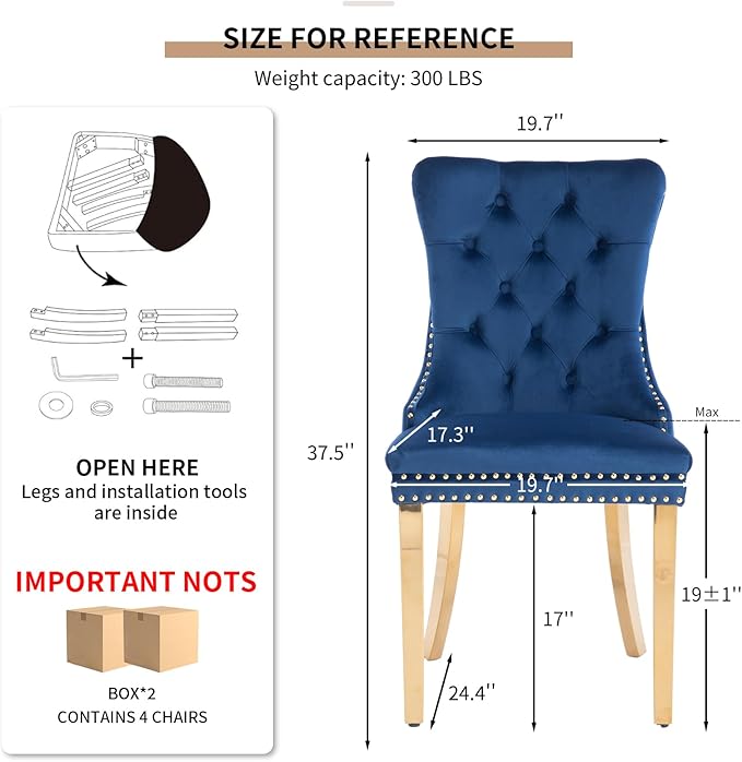 YeahFurn Mid Century Modern Dining Chairs Set of 4, Blue Velvet Upholstered Tufted Back, Kitchen & Dining Room Chairs, Gold Metal Legs, Nailhead Trim, Sillas para Comedor (Blue, 4 Pcs)
