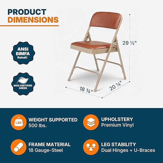 OEF Furnishings OEF1200 Series Premium Heavy Duty Vinyl Padded Folding Chairs, Commercial Grade 500 lb Capacity (4-Pack, Honey Brown)