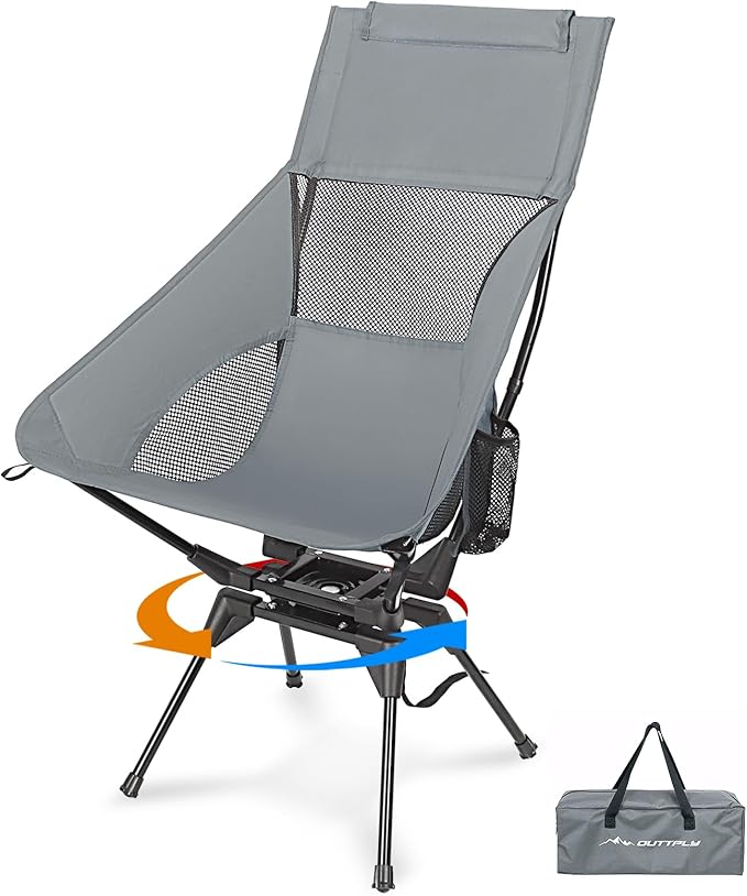 Swivel Camping Chair, High Back Folding Chair with Head Support, Side Cup Pocket, Stable Portable Outdoor Chair for Camp, Travel, Beach, Party, Fishing, Hiking, Backpacking, Grey