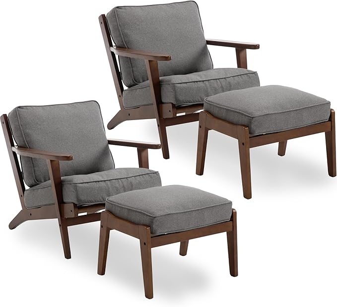 chairus Mid-Century Modern Accent Chairs with Ottoman Set of 2 Linen Fabric Upholstered Living Room Chairs for Bedroom Reading Room Lounge with Arm & Solid Wood Frame, Fabric Grey