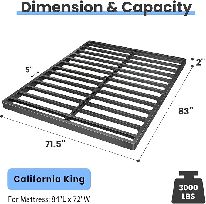 Superay 2 Inch California King Box Spring Low Profile, Heavy Duty Metal Box Spring Bed Base, Bunkie Board Bed Slat Replacement, Mattress Foundation, Easy Assembly, Noise Free