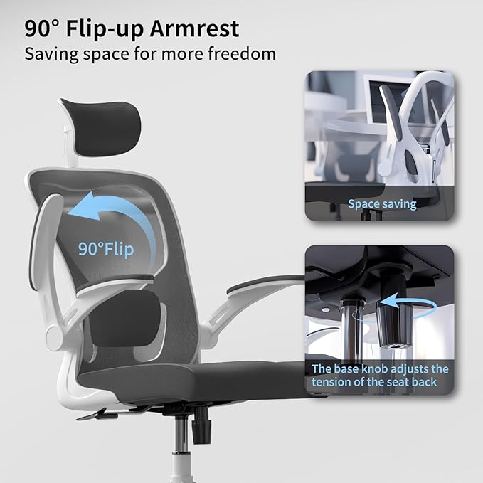Office Chair Ergonomic Desk Chair with Lumbar Support&Headrest&Flip-up Arms Height Adjustable Rocking Swivel High Computer Chair Multi-Angle from 90° to 130° with 350LBS Capacity (02White+Grey)