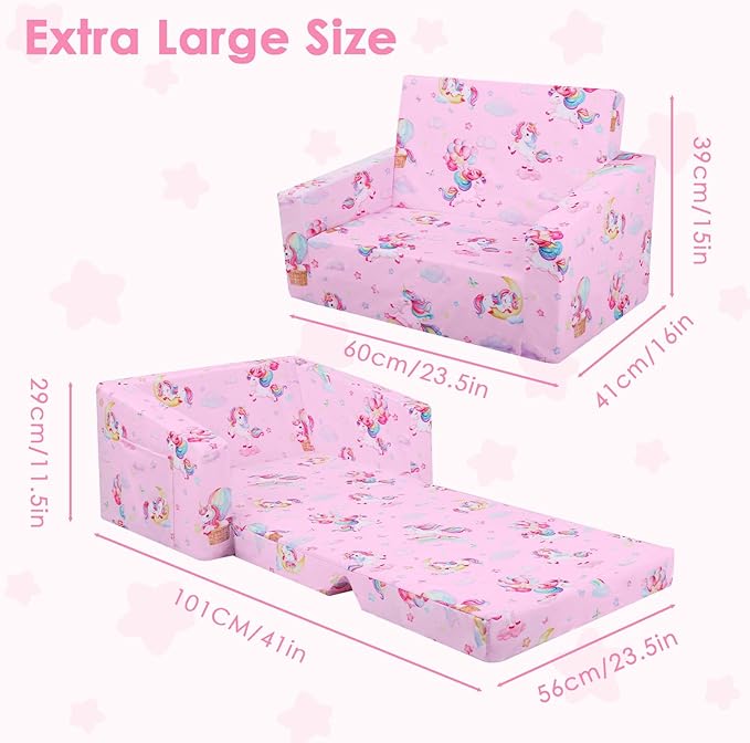 decalsweet Foldable Kids Sofa Couch 2 in 1 Children Convertible Sofa to Lounger Flip Open Toddlers Sofa Bed,Extra Wide Soft Lightweight for Bedroom Livingroom Playroom