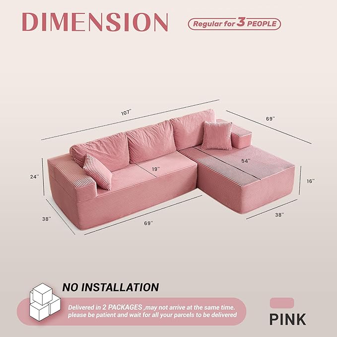 Afuson 107" Boneless Couch with Deep Seat, Modular Sectional Sofa, Cloud Sectional Couch for Living Room, No Assembly Required, Corduroy, L-Shape Left, Pink