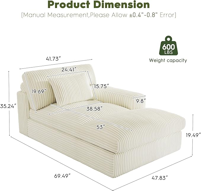 Oversized Chaise Lounge Sofa Chair Indoor，Soft Corduroy Fabric, Boneless sofawith Cushion，A Comfortable, deep-Seated Cloud Sofa for use in The Living Room.(Singler-Right-arm-White)