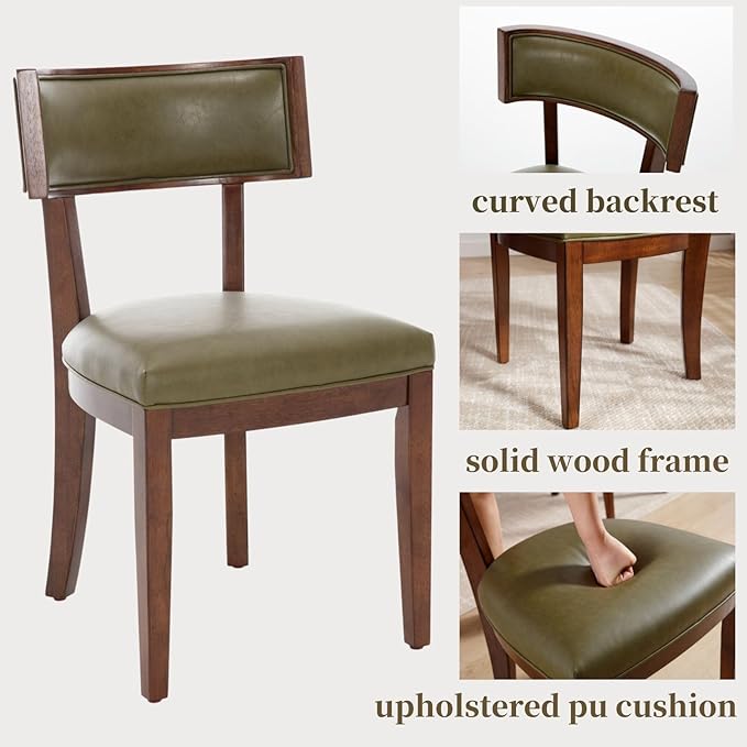 DM Furniture Mid Century Modern Dining Chairs Set of 2 Faux Leather Upholstered Dining Room Chair with Curved Backrest Farmhouse Kitchen Chairs Solid Wood Side Chair for Living Room/Restaurant