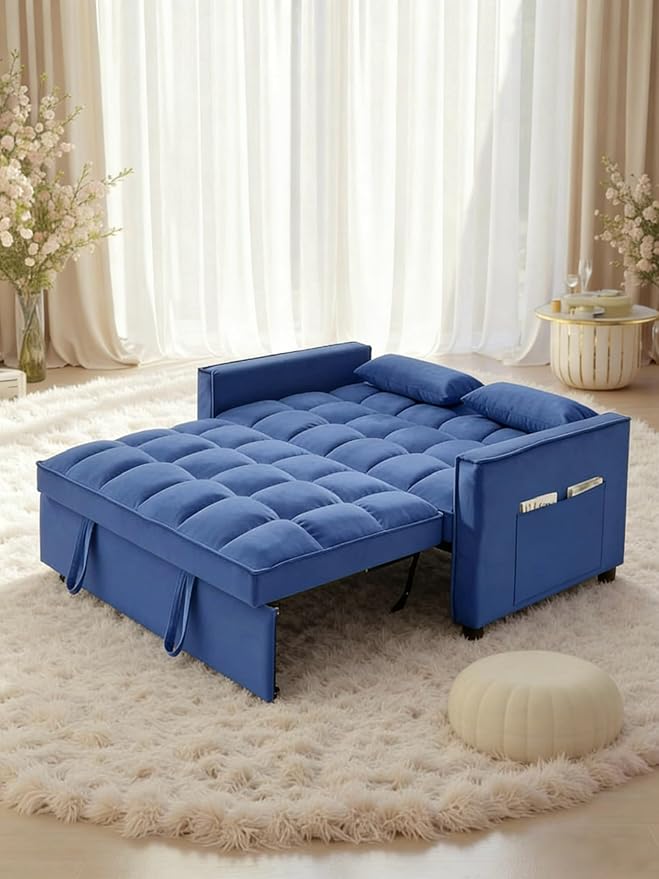 54 inch Velvet 3 in 1 Convertible Sleeper Sofa Bed, Futon Couches for Living Room with Side Pocket | Adjustable Backrest| Velvet Fabric | Pull Out Couch | Love seat Sofa|2-seat Sofa Bed (Blue)