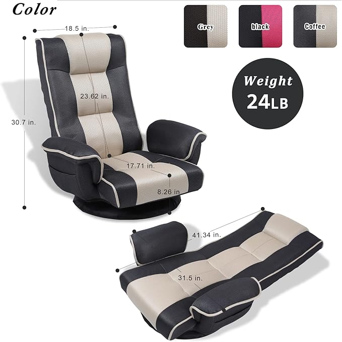 FLOGUOR 360 Swivel Gaming Floor Chair with Armrest Multi-Angle Folding Floor Chair Padded Backrest Lazy Sofa Lounge Chair for Living Room, Home Office QL201W-US-GR