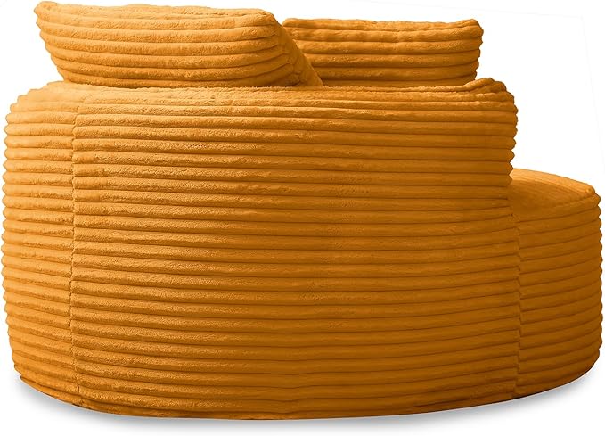 53"W Oversized Round Chaise Longue Chair Indoor,Corduroy Fluffy Comfy Cloud Chair,Circle Bean Bag Sofa with Foam Filling & Pillows,Boneless Reading Cozy Sofa Chairs for Living Room,Bedroom,Yellow