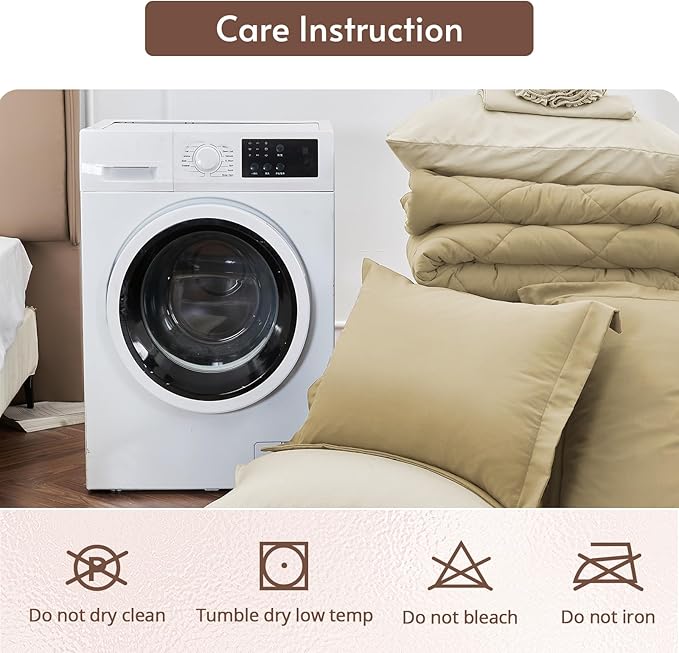 MUXHOMO 7 Pieces Queen Comforter Set, Reversible Bed in a Bag Queen Size, All Season Bedding Set with Comforter, Flat Sheet, Fitted Sheet, Pillowcases & Shams, Khaki & Linen