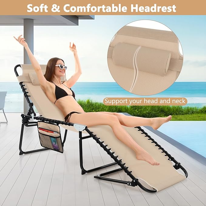 Giantex Patio Lounge Chairs for Outside - Folding Tanning Chair w/Headrest, 4 Adjustable Positions, Side Pocket, Outdoor Chaise Lounge for Camping, Pool, Sunbathing Beach Chair, Beige