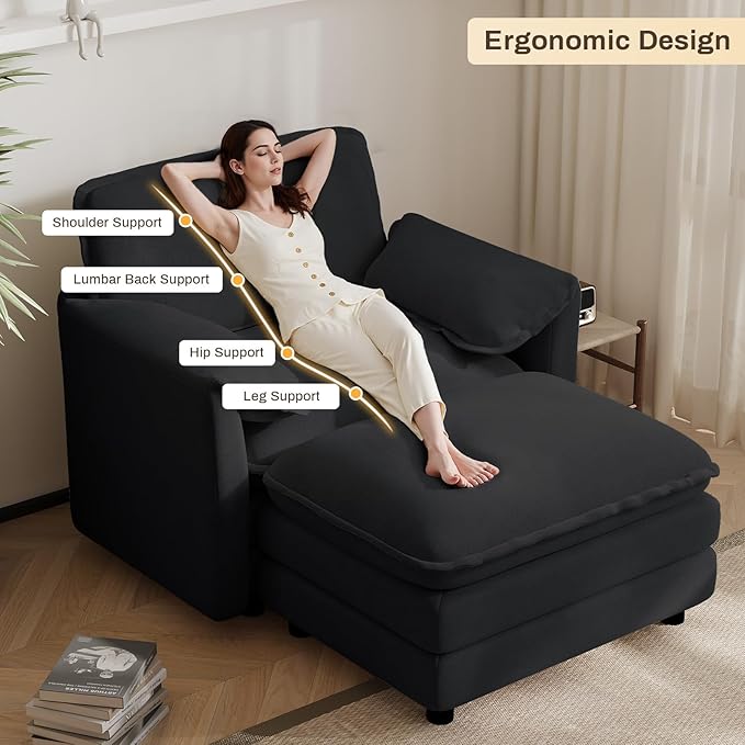 DAMAIFROM Oversized Chaise Lounge Chair Indoor with Ottoman, Firm Solid Wood Frame with Long Service Life Chenille Oversized Lounge Reading Chair for Study Room - Black