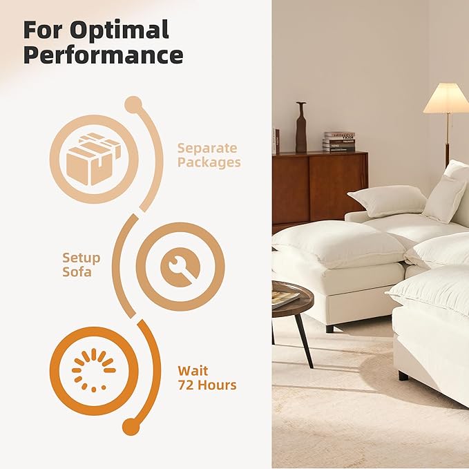 GOSUHI 108" U Shaped Couch, Modular Sectional Sofa, 3-Seater Comfy Cloud Couch with Movable Ottoman, Deep Seat Couches for Living Room, Chenille, Ivory