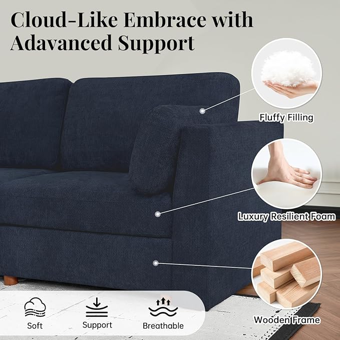 CUGOAO 118'' Modular Sectional Sofa, Oversized U-Shaped Sectional Couch with Ottoman, Deep Seat Chenille Cloud Couch, Mordern Upholstered Couches for Living Room, Apartment, Office, Blue