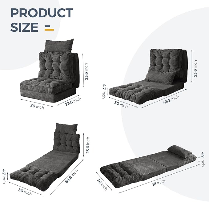 MAXYOYO Bean Bag Bed Tufted Folding Sofa Bed with Pillows Floor Mattress for Adults, Extra Thick and Long Floor Sofa, Single Couch for Bedroom Living Room, Dark Grey, 30x91 Inch