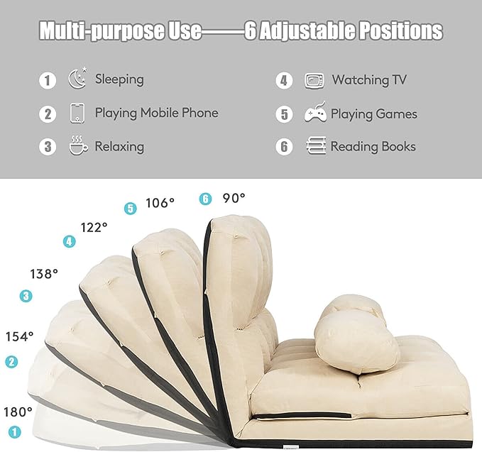 DORTALA Foldable Floor Sofa, 6-Position Adjustable Lounge Couch with 2 Pillows & Suede Cloth Cover, Modern Lounge Mattress Video Gaming Lazy Couch, Suede Floor Seating Sofa, 71" x 44.5", Beige