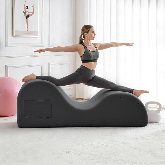 DRMBOOK Yoga Chairs for Adults, Corduroy Fabric Chaise Lounge with Headrest, Boneless Yoga Sofa Couch with Waist Cushion, Movable Footrest, Side Pockets for Relaxation Exercise Stretching (Grey)